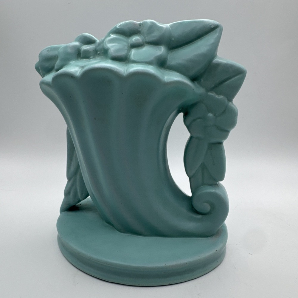 Vtg Haeger Vase Turquoise Aqua Art Pottery Matte Pansy Flower Cornucopia READ